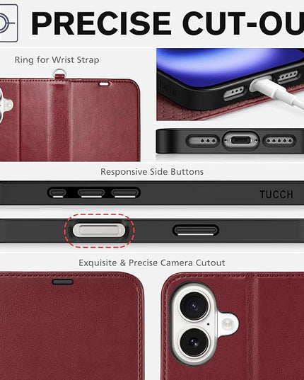 TUCCH Wallet Case for iPhone 16 with [Wrist Strap], Magnetic Closure RFID Blocking 4 Card Slot, Stand Shockproof TPU Shell PU Leather Folio Compatible with iPhone 16 2024, Dark Red with Wristlet