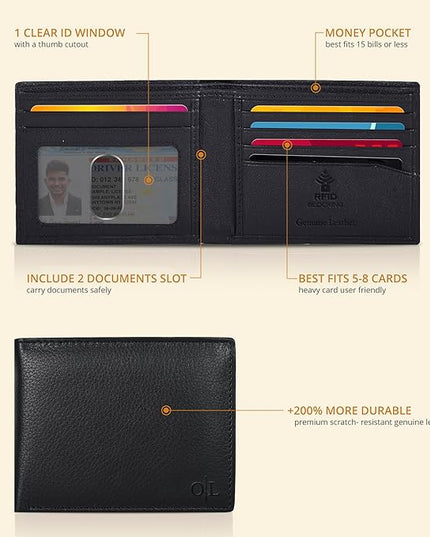 Oak Leathers Slim Leather Wallet for Men - RFID Wallets Credit Card Holder Ultra Thin Gift for Mens, Front Pocket Minimalist Design