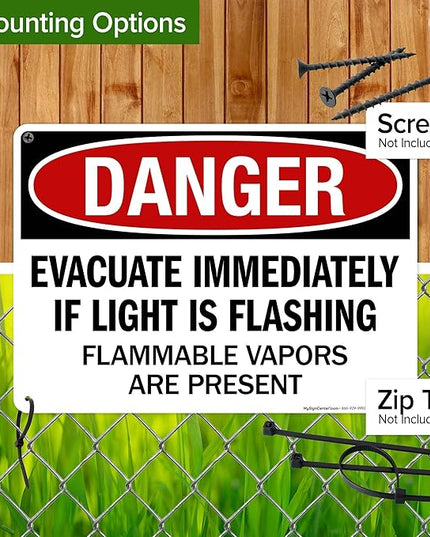 Danger Evacuate Immediately If Light is Flashing Flammable Vapors are Present Sign, 10x14 Inches, 55 mil thick HDPS (high density polystyrene), Made in USA by My Sign Center