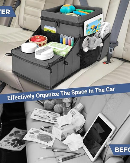 COOLBEBE Car Seat Organizer, Backseat Car Organizer with Cup Holders for Kids and Adults Travel, Cooler Compartment Passenger Seat Organizer Storage Box for Front or Middle Seat, Grey