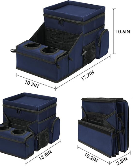 Car Seat Organizer, Backseat Car Organizer with Cup Holder Tray and Storages for Kids and Adults, Portable Travel Cooler for Car for Front or Back Seat Passenger Organizer Ccompartment (Navy Blue)