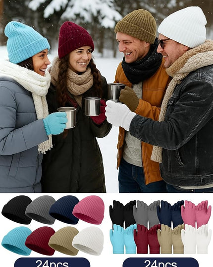 Chicingyou Winter Hats and Gloves Beanies Set Bulk Adults Women Men Unisex Knit Beanie Thermal Gloves for Homeless Gifts
