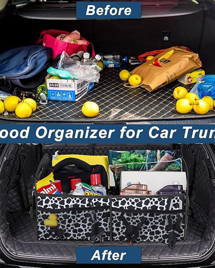Deosk Car Organizer for SUV - 6 Big Pocket Trunk Storage With Waterproof Polyester, Car Accessories for Women/Men, Cow Print (Medium)