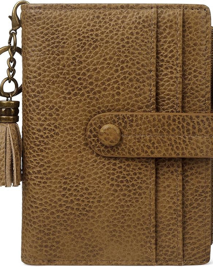 Blucoay Leather Wallet Women,RFID Blocking Small Wallet for Women Compact Card Holder Bifold Tassel Wallet Coin Purse With ID Window light khaki
