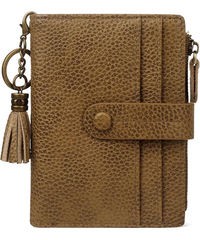 Blucoay Leather Wallet Women,RFID Blocking Small Wallet for Women Compact Card Holder Bifold Tassel Wallet Coin Purse With ID Window light khaki