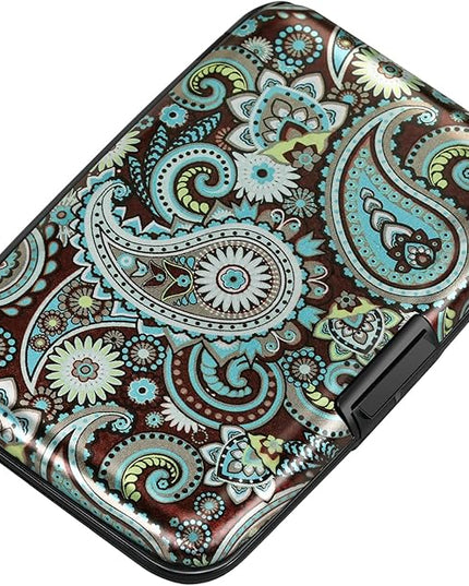 ELFISH Mini RFID Aluminum Wallet Credit Cards Holder Business Card Case Metal ID Case for Men Women (Blue flower)