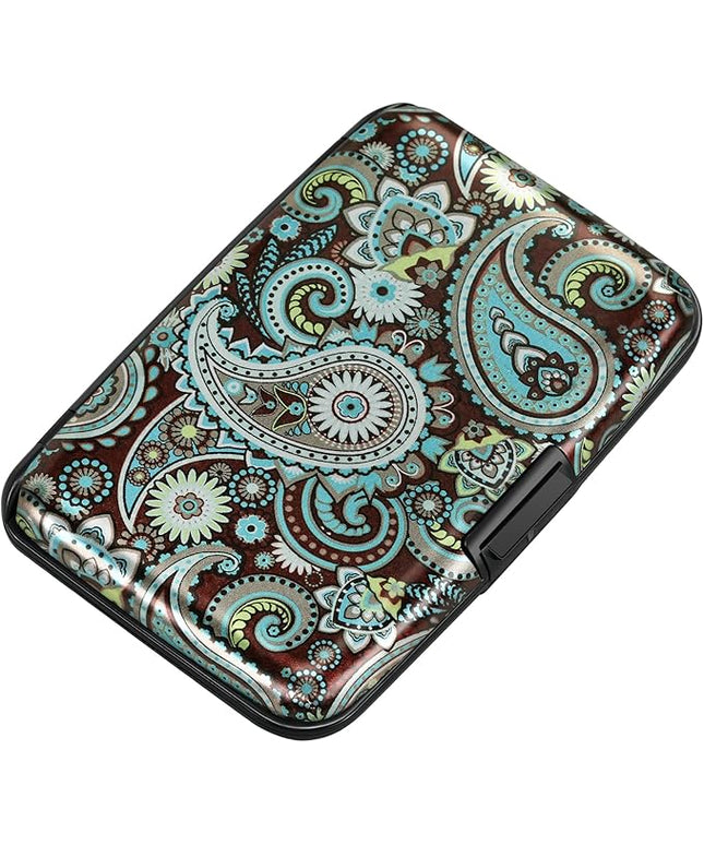 ELFISH Mini RFID Aluminum Wallet Credit Cards Holder Business Card Case Metal ID Case for Men Women (Blue flower)