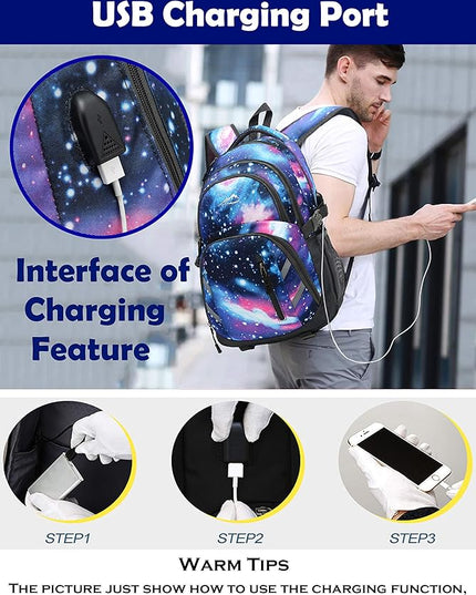 ProEtrade Backpack Bookbag for College Laptop Travel,Fit Laptop Up to 15.6 inch with USB Charging Port Multi Compartment Anti theft, Gift for Women Men (Galaxy)