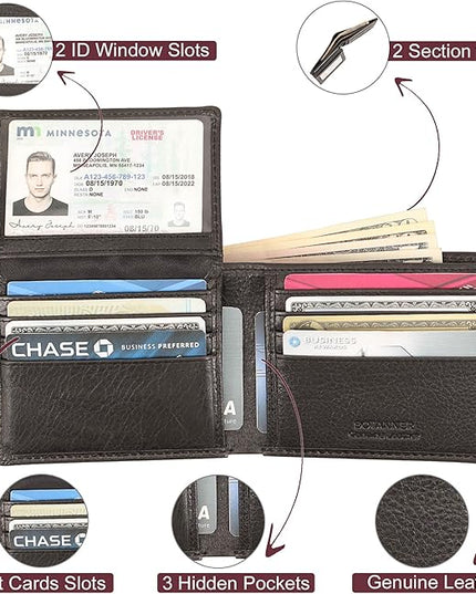 BOTANNER Mens Leather Flip ID Wallet RFID Blocking, 8 Credit Card Slots, 2 ID Window, 2 Sections for Bills, 3 Hidden Pockets | Black