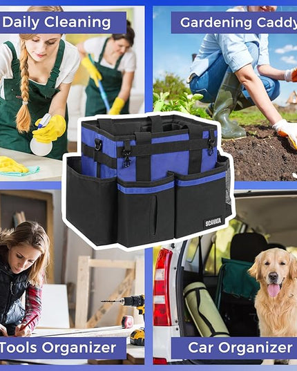 Compact Wearable Cleaning Caddy, Small Supplies Organizer with Handle & Shoulder Straps for Housekeepers, Under Sink & Car Cleaning Tool Organizer Bag (Blue)