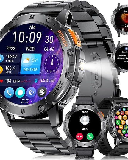Military Smart Watches for Men(Answer/Make Calls) with LED Flashlight,530mAh Large Battery,1.43’’ AMOLED Heart Rate/Sleep Monitor 5ATM Waterproof Smartwatch for Android iOS,100+Sport Modes,3 Straps