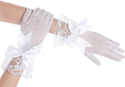 Lace Gloves for Women - Short Bow Rhinestone Tulle Sheer Sparkly Evening Stretchy Gloves for Wedding Opera Party