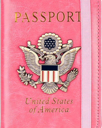 TOURSUIT RFID Blocking Passport Holder for Women Men, Leather Passport Travel Wallet with Metal 3D Metal Badge, Travel Document Holder Cover Accessories (Pink)