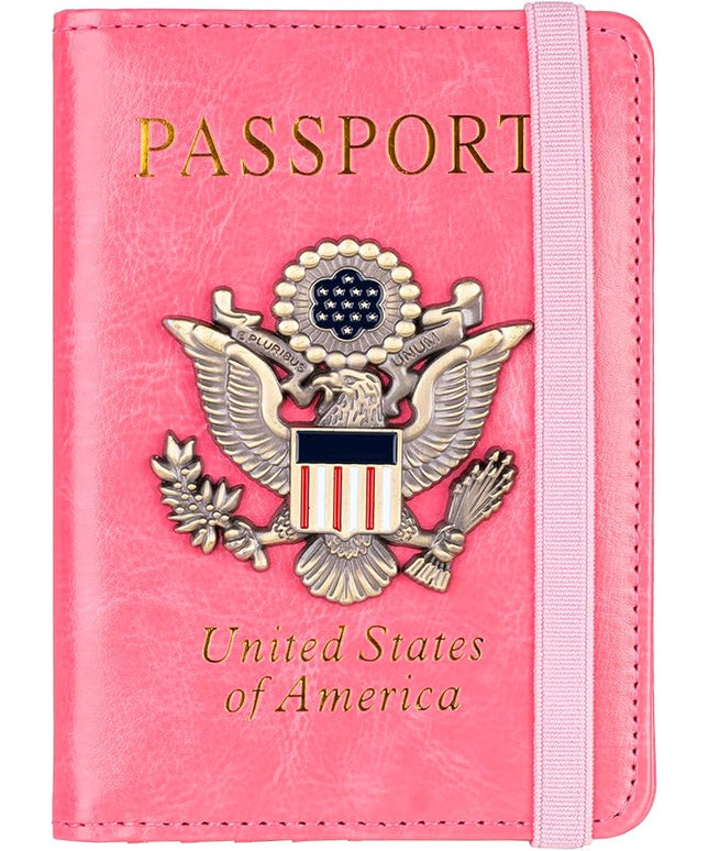 TOURSUIT RFID Blocking Passport Holder for Women Men, Leather Passport Travel Wallet with Metal 3D Metal Badge, Travel Document Holder Cover Accessories (Pink)