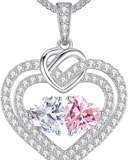LOUISA SECRET Sparkling Double Heart Birthstone Necklaces for Women, 925 Sterling Silver Fine Jewelry, Pendant Heart Necklaces Birthday Anniversary Christmas Gift for Women Wife Mom Girlfriend Lady