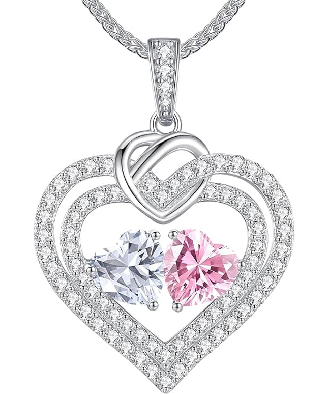 LOUISA SECRET Sparkling Double Heart Birthstone Necklaces for Women, 925 Sterling Silver Fine Jewelry, Pendant Heart Necklaces Birthday Anniversary Christmas Gift for Women Wife Mom Girlfriend Lady