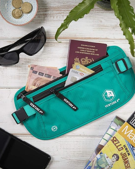 VENTURE 4TH Money Belt for Travel – Hidden Under-Clothes RFID Blocking Passport Holder & Slim Travel Wallet Pouch for Men & Women to Protect Cash, Cards & Documents (Turquoise)