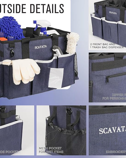 Wearable Caddy Bag, Cleaning Supplies Organizer With Handle & Shoulder Straps for Housekeepers, Under Sink & Car Tool Organizers With 4 Foldable Divider (NavyBlue)