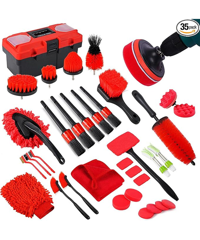 35Pcs Car Detailing Kit, Car Cleaning Kit with Windshield Cleaning Tool and Tool Box, Interior & Exterior Auto Care Supplies and Brushes (B：35PCS-R)