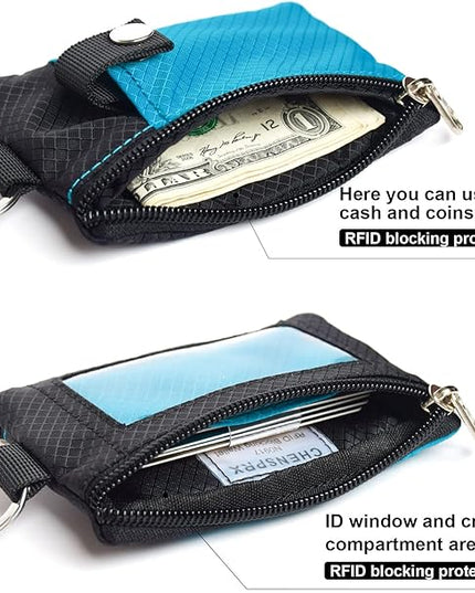 Minimalist RFID Blocking Small Wallet with ID Window,WaterResistant Zip Id Case Wallet with Lanyard Keychain for Cards,Cash,Travel,Women,Men