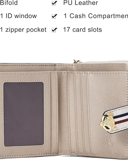 FOXLOVER Genuine Leather Zip Small Wallet Women RFID Blocking Credit Card Bifold Wallet Business Card Holder with ID Window(Gold)