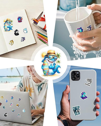 100 PCS Shark Stickers Pack, Vinyl Waterproof Decals of Cartoon Sharks Great White Hammerhead Ocean, Gift for Teens Adults Laptop Water Bottle Scrapbook Luggage Car Wall Decorative