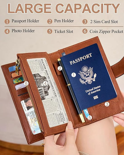 BKNOOU Rfid Blocking Passport Holder for Women and Men, Compact Travel Passport Wallet Leather Travel Wallet Trifold Clutch Wallet, Passport Cover Holds Cards, Tickets, Cash and Pen