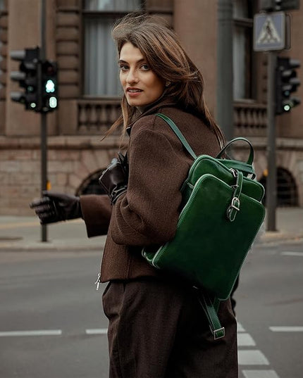Time Resistance Leather Backpack - Convertible to Shoulder Bag - Full Grain Real Leather Travel Rucksack for Women (Green)