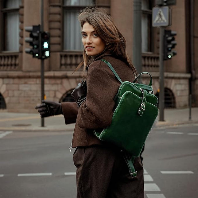 Time Resistance Leather Backpack - Convertible to Shoulder Bag - Full Grain Real Leather Travel Rucksack for Women (Green)
