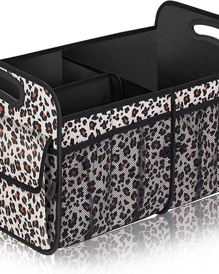 Femuar Car Trunk Organizer, Large Capacity Collapsible Trunk Storage with 11 Pockets, Waterproof, Non-Slip, Suitable for Car, SUV, Truck, Van, Jeep, Sedan, Leopard Print