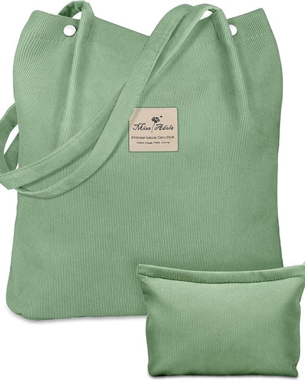 Aesthetic 2 Pack Corduroy Tote Bag - with Makeup Pouch Bag for Women Reusable Grocery Bag for Gym, Travel, Work