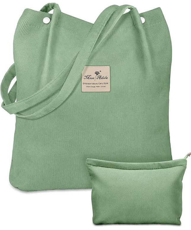Aesthetic 2 Pack Corduroy Tote Bag - with Makeup Pouch Bag for Women Reusable Grocery Bag for Gym, Travel, Work