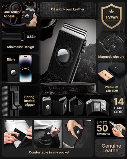 typecase Mens Wallet Card Holder for AirTag: Leather Smart Wallet for Men Compatible with Apple Air Tag, RFID Blocking, Slim, Minimalist - 9-14 Card Capacity | ID Window | Cash Slot (Dark Black)
