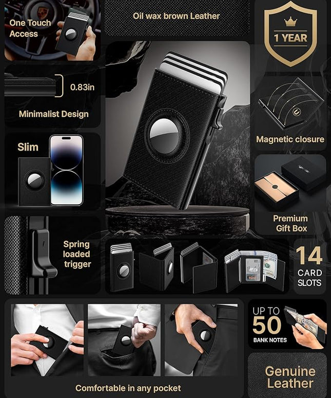 typecase Mens Wallet Card Holder for AirTag: Leather Smart Wallet for Men Compatible with Apple Air Tag, RFID Blocking, Slim, Minimalist - 9-14 Card Capacity | ID Window | Cash Slot (Dark Black)