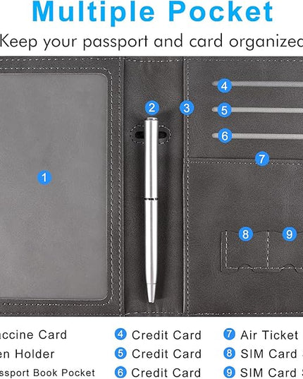 ACdream RFID BLOCKING Passport Holder Travel Wallet - Premium PU Leather Cover Passport book with Card Holder, Pen Slot, Keep Organization, and Travel Essentials for Women and Men - Grey