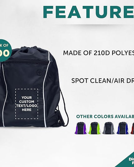 DISCOUNT PROMOS Two-Tone Drawstring Backpack Non-Woven - 100 pack - Customizable Text, Logo - Durable Sports Backpacks - Ideal for Sports, Travel, Gym & More - Black