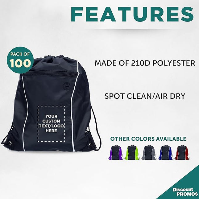 DISCOUNT PROMOS Two-Tone Drawstring Backpack Non-Woven - 100 pack - Customizable Text, Logo - Durable Sports Backpacks - Ideal for Sports, Travel, Gym & More - Black