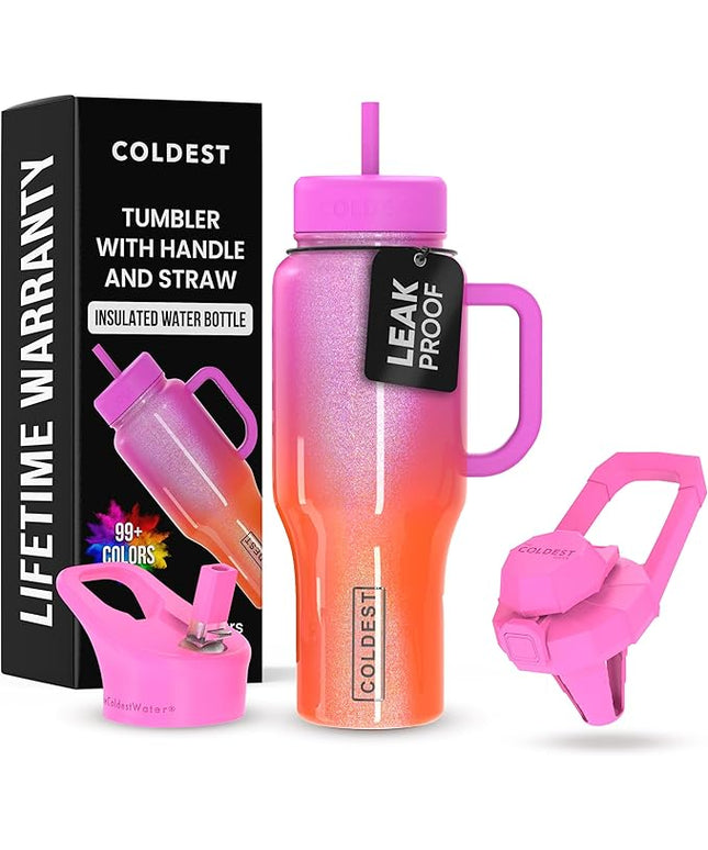 Coldest Tumbler with Handle and Straw - 100% Spill Proof Tumbler with Straw (3 Lids) - Stainless Steel Insulated Leakproof Tumblers for Women & Men - 36 oz (Neutron Star Glitter)
