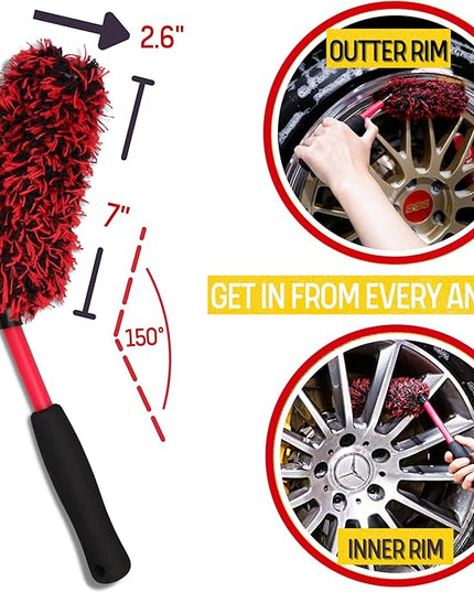 Metal Free Microfiber Wheel Brush Kit- Microfiber Angled Wheel Brush, Long Handle Wheel Brush, Tire& Detailing Brush, Wheel Wash Mitt. Hands-On Wheel Detailing Kit for Daily Wheel Cleaning