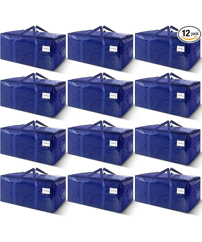 12 Pack Extra Heavy Duty Large Moving Bags with Strong Zipper & Carrying Handles, Sturdy Clothes Storage Bags Totes Bins, Packing Bag Move Boxes College Moving Supplies, Dark Blue - 24 gal