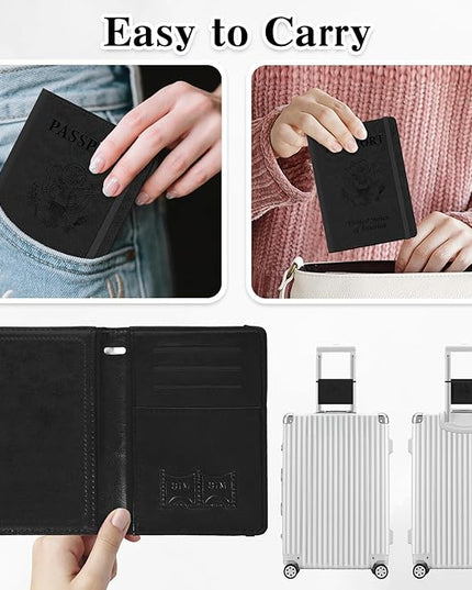 Passport Holder for Travel, RFID Blocking Passport Cover with Pen Holder Leather Passport Wallet Case Travel Must Haves Accessories Passport Book Card Holder for Family Travel Essentials Gifts, Black