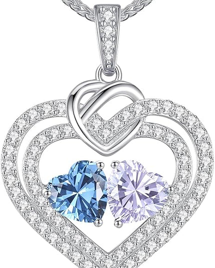 LOUISA SECRET Sparkling Double Heart Birthstone Necklaces for Women, 925 Sterling Silver Fine Jewelry, Pendant Heart Necklaces Birthday Anniversary Christmas Gift for Women Wife Mom Girlfriend Lady