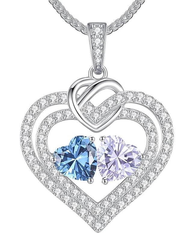 LOUISA SECRET Sparkling Double Heart Birthstone Necklaces for Women, 925 Sterling Silver Fine Jewelry, Pendant Heart Necklaces Birthday Anniversary Christmas Gift for Women Wife Mom Girlfriend Lady