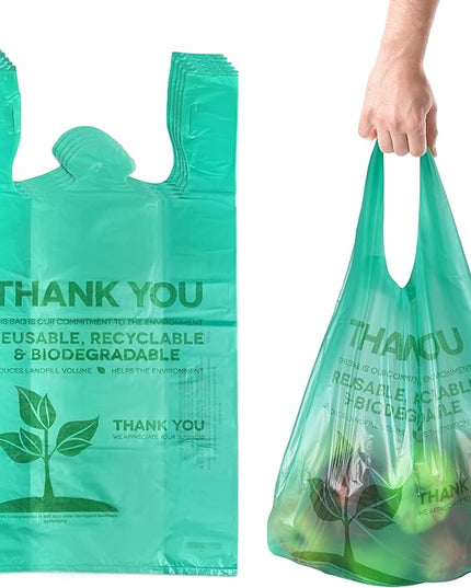 Eco Green Plastic Bags - 100 Count Biodegradable Shopping Bags-Thank You - 22" x 12" Carry Out Bag. (100)