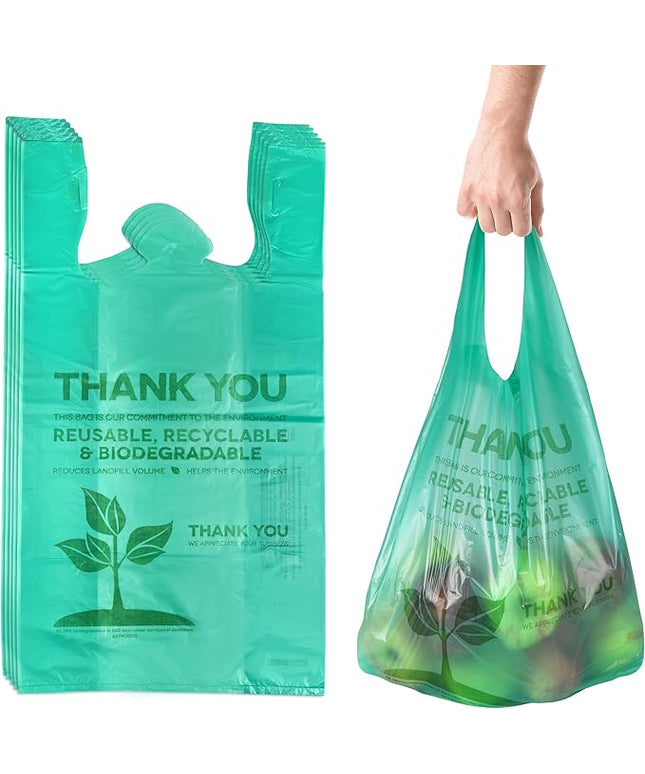 Eco Green Plastic Bags - 100 Count Biodegradable Shopping Bags-Thank You - 22" x 12" Carry Out Bag. (100)