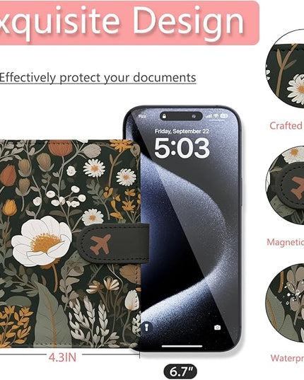Passport Holder, Travel Wallet Cover with Pen Loop | Cute RFID Blocking Leather Case with Magnetic Closure for Travel Essentials-flower