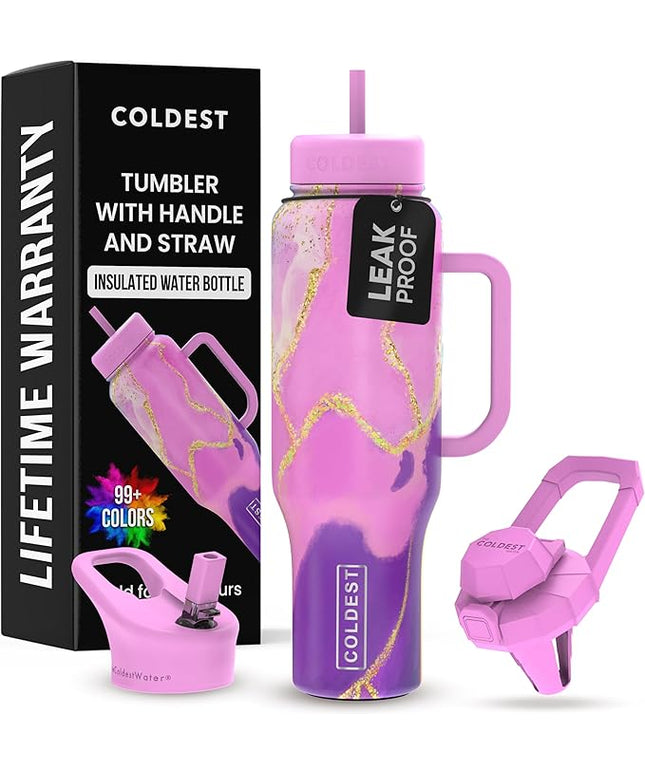 Coldest Tumbler with Handle and Straw - 100% Leak Proof Insulated Tumbler with Lid and Straw (3 Lids) - Stainless Steel Tumblers for Women & Men - Cup Holder Friendly Base, 46 oz (Princess Luna)