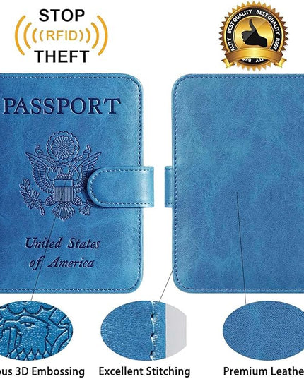 Passport Holder With Luggage Tag Cover Wallet RFID Blocking Leather Case Travel Essentials Accessories Travel Must Have(114#Blue)