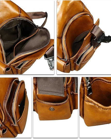 Genuine Leather Sling Bag for Men and Women Handmade Sling Backpack Purse Chest Over Shoulder Crossbody Bag Large Capacity (Brown)