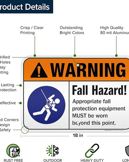 Warning Fall Hazard Appropriate Fall Protection Equipment Sign, 12x18 Inches, 3M EGP Reflective .063 Aluminum, Fade Resistant, Made in USA by My Sign Center